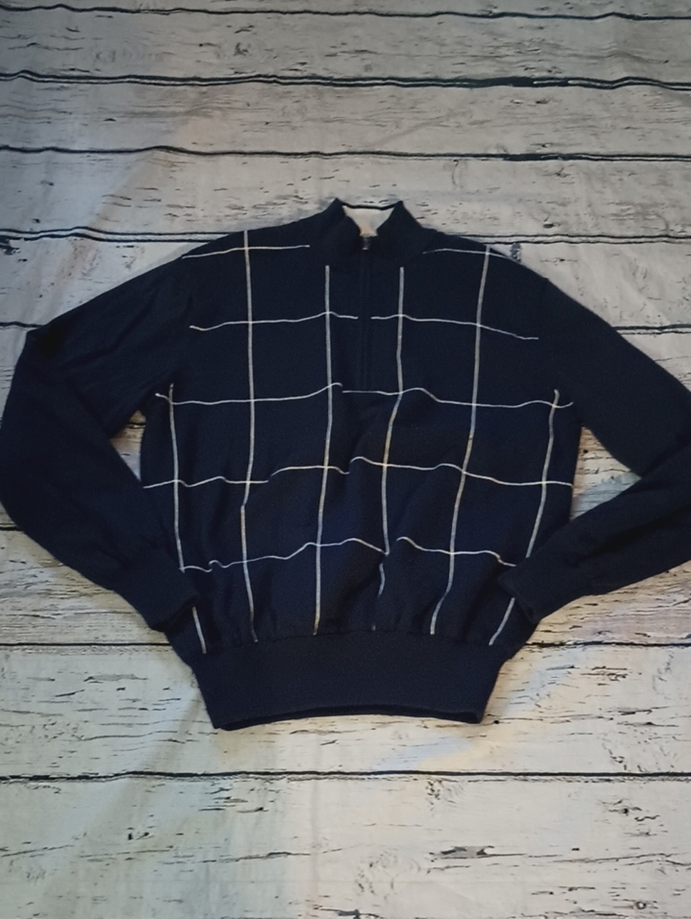 FJ Footjoy Men's Dark Navy White 1/4 Zip Wool Windbreaker Lined Sweater M